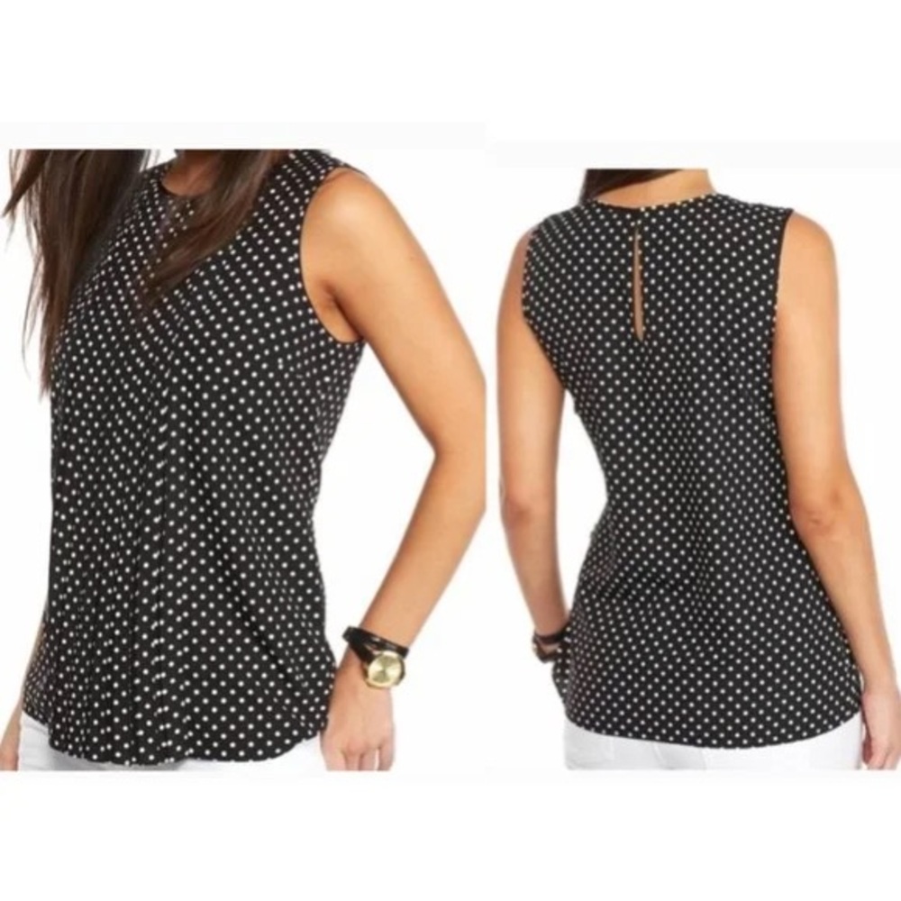 Michael Kors Accordion Pleated Sleeveless Black White Polka Dot Blouse Size S